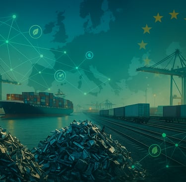 European port with scrap piles, container ship, rail, and EU-style emissions tracking visuals.
