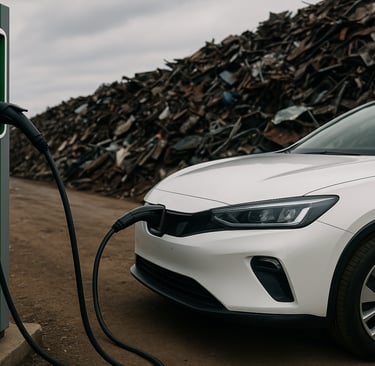 EV charging beside a large scrap metal pile.