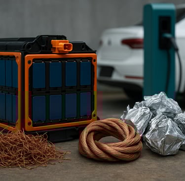 EV battery pack with recycled copper and aluminum near a charging electric car.