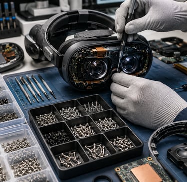 Gloved technician removing tiny standardized screws from an opened XR headset