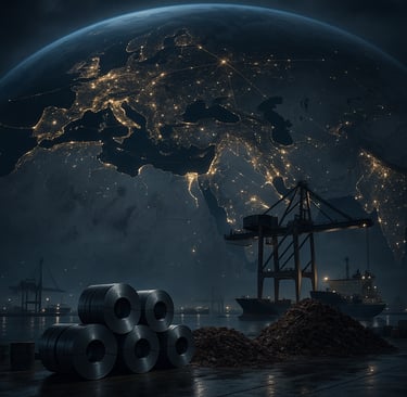 Nighttime port with steel coils and scrap under a lit map of Europe and Asia.