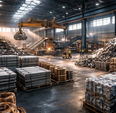 wide-angle view of a modern scrap metal recycling facility with organized metal piles, crane