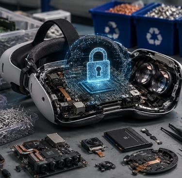 Firmware-locked XR headset on an electronics recycling workbench with repair tools