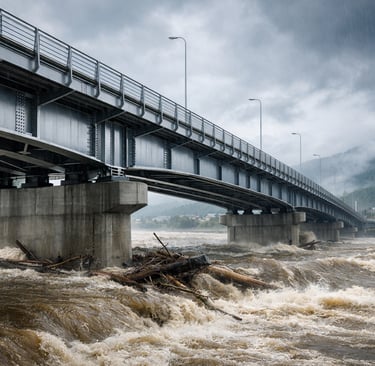 Modern steel bridge over fast, debris-filled floodwater under storm clouds.