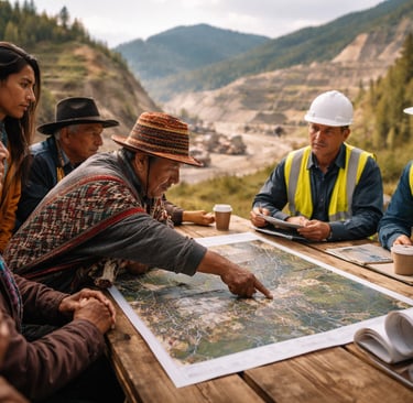 Community and mining teams reviewing a land-use map near an active mine.