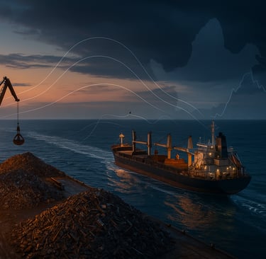 Bulk carrier leaving a scrap port at dusk with cranes and metal piles under stormy skies.
