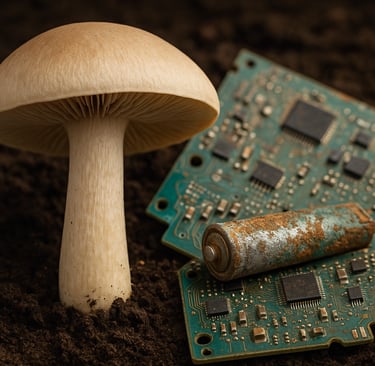 Mushroom beside circuit boards and rusted battery in soil.