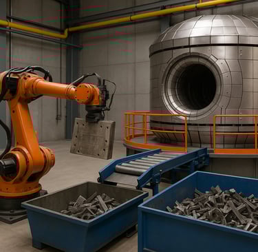 Robotic recycling of metal parts near a fusion reactor in an industrial facility.