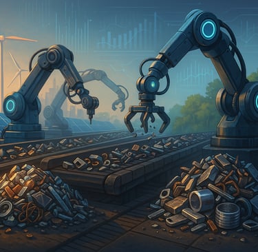 Robotic arms sort metal scraps under clean energy, with data holograms above and a city-to-forest ba