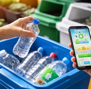 Close-up of a person recycling a plastic bottle while checking a colorful app on a smartphone