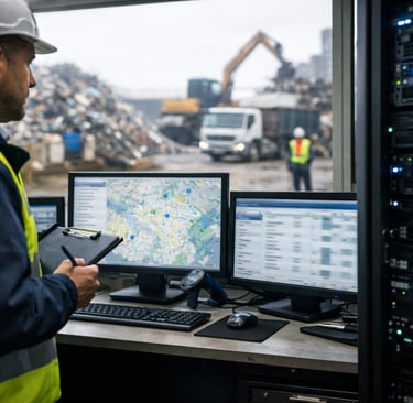 Scrap yard audit workstation with monitors, clipboard, and trucks in background.