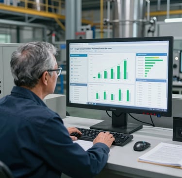 Senior manager analyzing detailed carbon metrics and numerical data on a dashboard