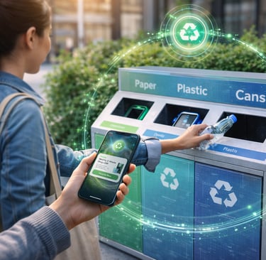 person recycling plastic bottle at smart public bin while using mobile app with location-based guide