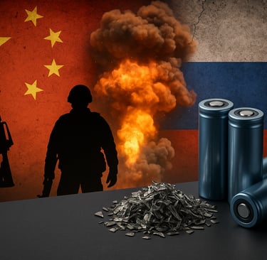 Batteries and metal scrap with soldier silhouette, explosion, and China-Russia flags in background.