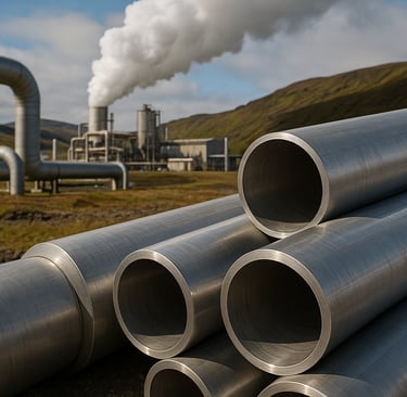 Geothermal plant with metallic pipes and steam in a mountain landscape.