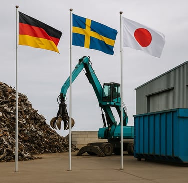 Recycling plant with German, Swedish, and Japanese flags beside a teal material handler and piles of