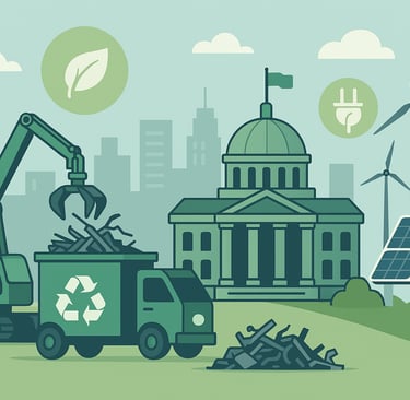 Conceptual illustration of recycling machinery, green energy, and urban infrastructure symbolizing s