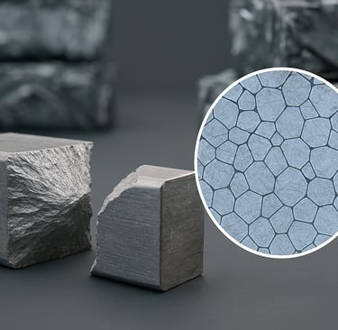 Close-up of fractured metal blocks with a magnified inset showing the fine grain structure of alloy