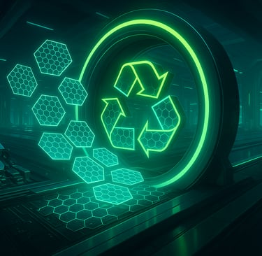 Futuristic portal recycling glowing graphene hexagons.