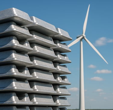 Stacked aluminum ingots with a wind turbine in the background under a clear sky.