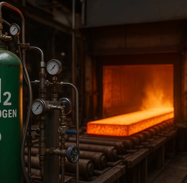 Green hydrogen cylinder beside a glowing industrial furnace in a steel plant.