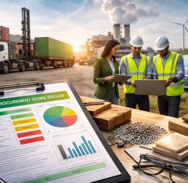 Procurement team reviewing supplier sustainability data at an industrial site with renewable energy