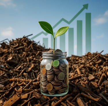 A jar of coins with a green plant growing from it sits on scrap metal, backed by an upward graph.