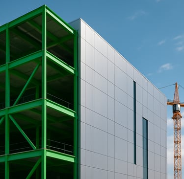 Modern construction site featuring a building frame made of bright green steel beams alongside sleek
