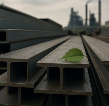 Steel I-beams with a green leaf, industrial plant in background.