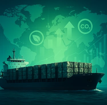 Cargo ship loaded with scrap metal against a green world map with carbon icons.
