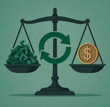 Balanced scale with recycling symbol, weighing scrap on one side and a dollar coin on the other.
