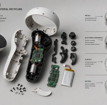 Opened VR haptic controller being disassembled for metal and component recycling.