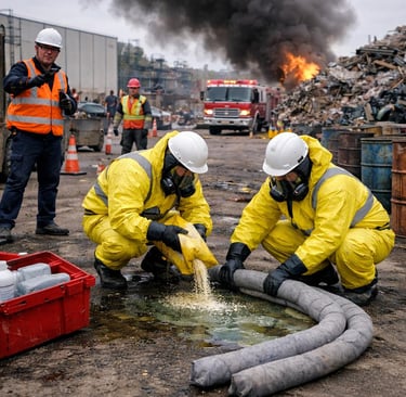 Hazmat drill at a scrap yard, workers contain a simulated chemical spill with emergency response