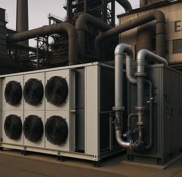 Industrial heat pump system installed beside an electric arc furnace building in a steel melt shop.