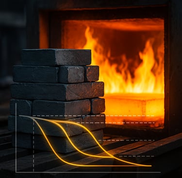 Molten metal glowing in an industrial furnace during heat treatment.