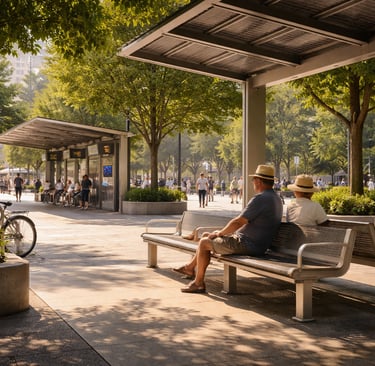 Shaded urban plaza with a recycled aluminum bench under a canopy near a transit stop.