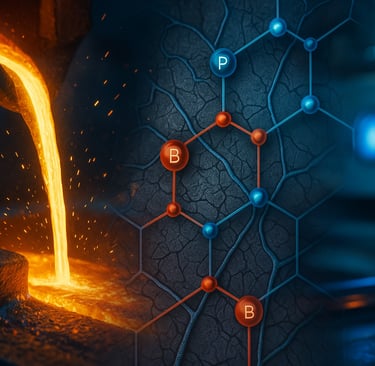 Molten steel with glowing microstructure showing boron and phosphorus interaction.