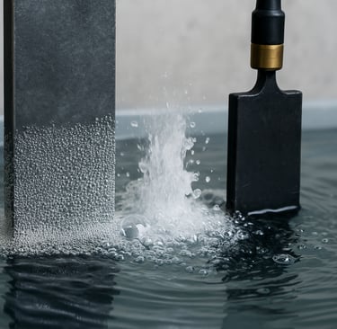 metal electrodes in electrolyte bath with bubbles forming during electrochemical cleaning