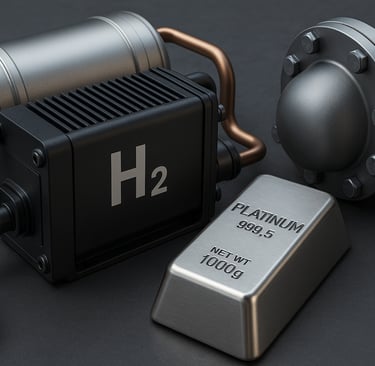 Hydrogen fuel cell with copper pipes, platinum ingot, and metal tanks.