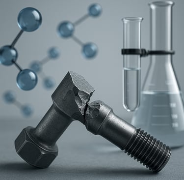 Broken metal bolt with hydrogen molecules and lab glassware in background.