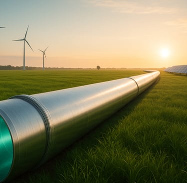 Hydrogen pipeline in green field at sunrise, with wind turbines and solar panels beyond.