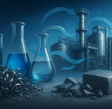 Titanium scrap with lab glassware and a recycling plant in the background.