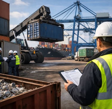 Customs inspection of scrap metal containers at a busy seaport.