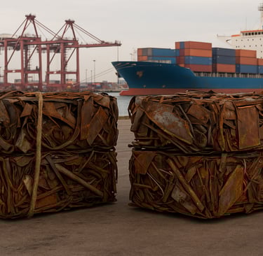 Rusted metal scrap bundles stacked at a shipping port with gantry cranes & a cargo ship in the back.