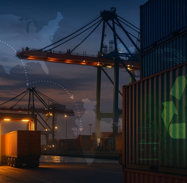 Dusk port with container scanner and US–India overlay.