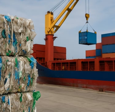 Plastic scrap bales at port with crane and cargo ship.