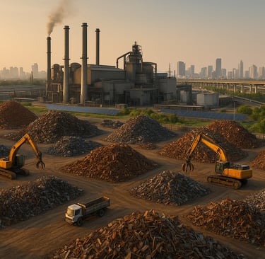aerial view of organized Indian scrap yard feeding a modern steel plant with city skyline in back