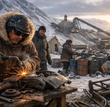 Indigenous workers repairing and sorting scrap metal near an Arctic mining site.