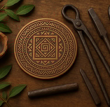 Indigenous metal tools and a carved metal disc with tribal patterns on a wooden surface with leaves
