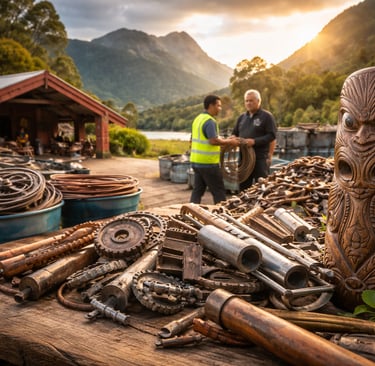Reclaimed metal parts at a rural Aotearoa site with Māori carving, workers, and mountain landscape.